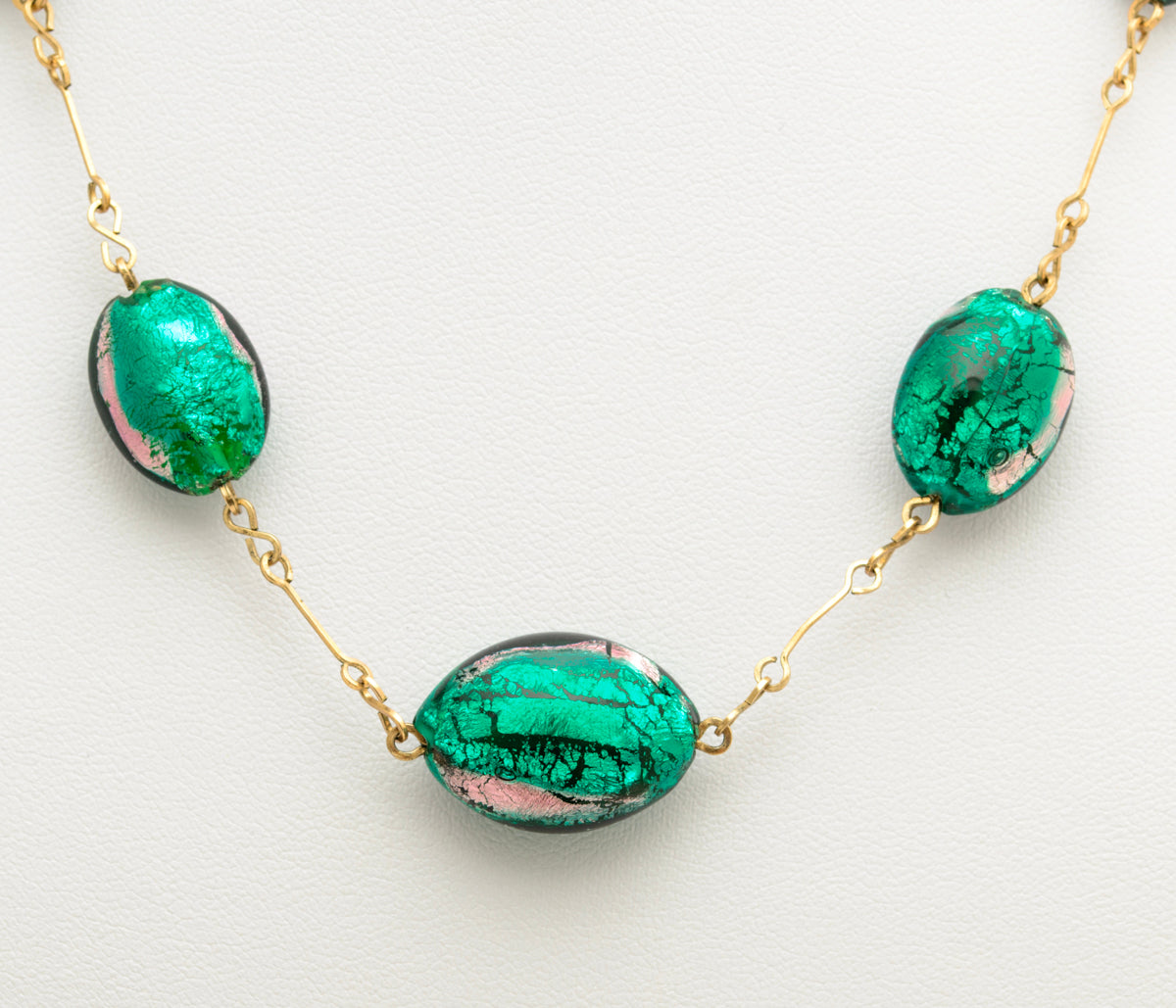 Vintage Murano Venetian Peacock Green Foiled Glass Bead Necklace (A2071)