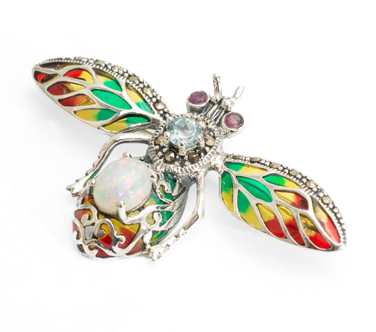 Vintage Silver & Gemstone Plique a Jour Enamel Bug Brooch Topaz & Opal (Code A2074)