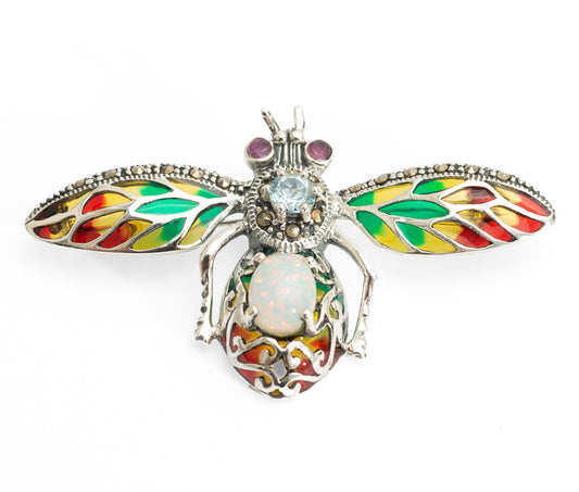 Vintage Silver & Gemstone Plique a Jour Enamel Bug Brooch Topaz & Opal (Code A2074)