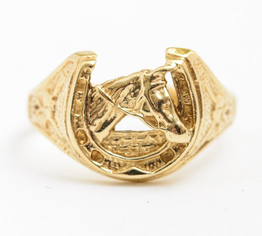 Vintage 9ct Solid Yellow Gold Ring Horseshoe & Horse Head Equestrian Design Unisex Size U(A2100