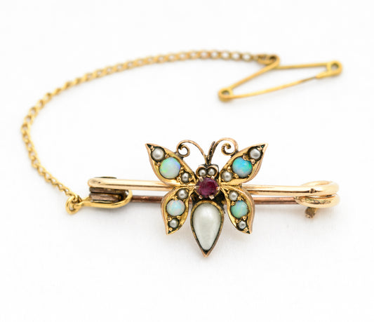 Antique Victorian Rolled Gold Butterfly Bug Scarf Clip Brooch Opal/Seed Pearl(A2104)