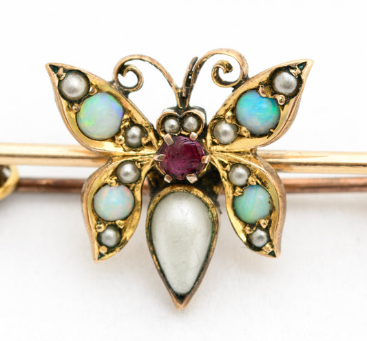 Antique Victorian Rolled Gold Butterfly Bug Scarf Clip Brooch Opal/Seed Pearl(A2104)