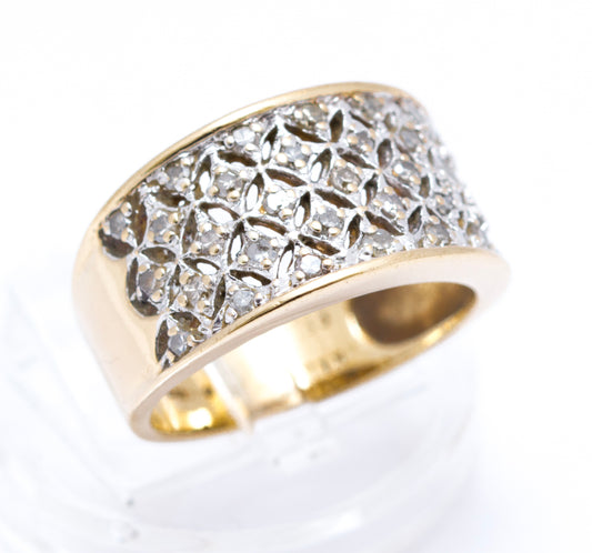 Vintage 9ct Yellow Gold Ladies Diamond Encrusted Wide Band Ring Size M1/2  (A2106)