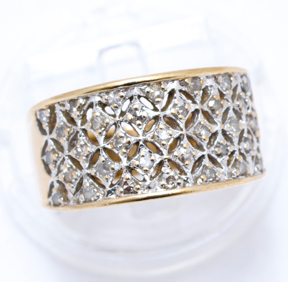 Vintage 9ct Yellow Gold Ladies Diamond Encrusted Wide Band Ring Size M1/2  (A2106)