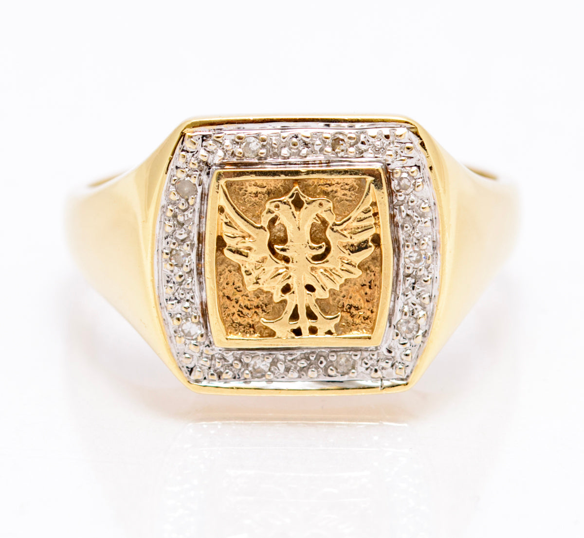 Vintage 9ct Yellow Gold Men's Double Headed Eagle & Diamond Halo Signet Ring (A2109)