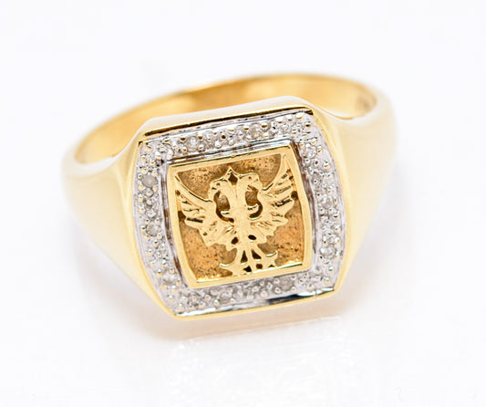 Vintage 9ct Yellow Gold Men's Double Headed Eagle & Diamond Halo Signet Ring (A2109)