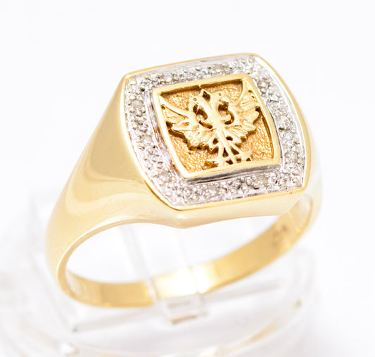 Vintage 9ct Yellow Gold Men's Double Headed Eagle & Diamond Halo Signet Ring (A2109)