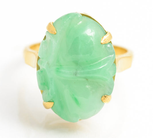 Vintage 18ct Yellow Gold & Carved Jade Cabochon Ring Ladies Size L1/2  (A2112)