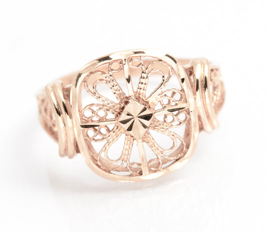 Vintage 9ct Rose Gold Filigree Ring With Bright Cut Detail & Sheffield Hallmark (A2113)