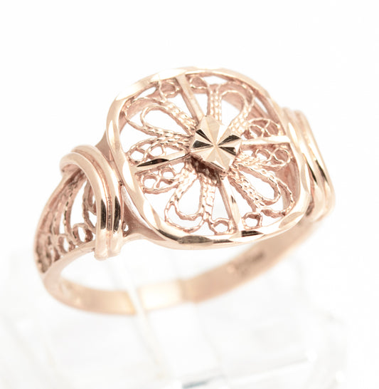 Vintage 9ct Rose Gold Filigree Ring With Bright Cut Detail & Sheffield Hallmark (A2113)