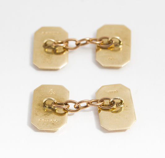 Pair Vintage 9ct Yellow Gold Chain Link Cufflinks Engine Turned Panels (A2122)