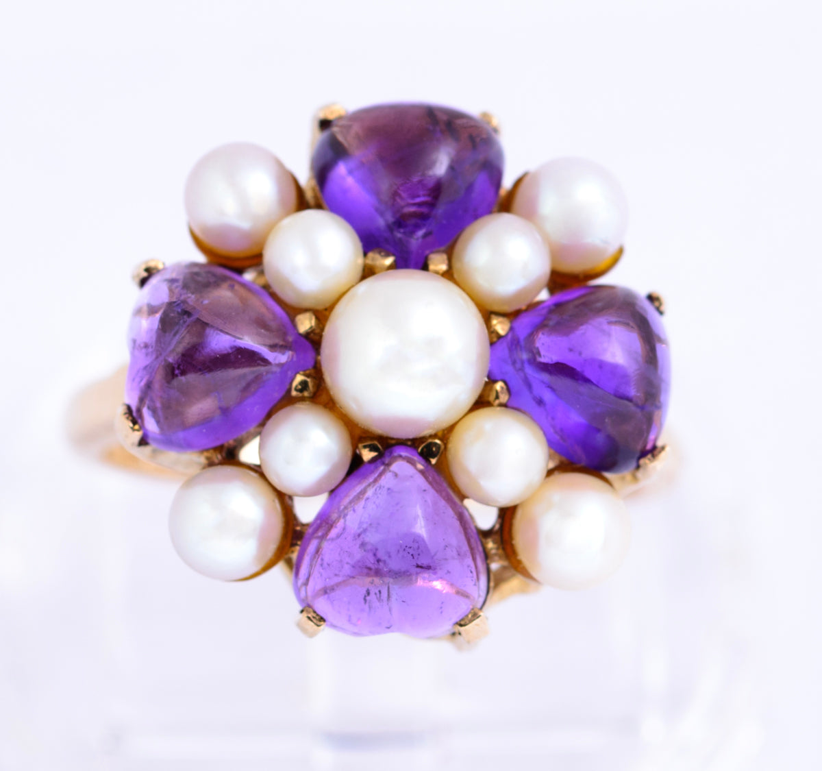 Vintage 9ct Yellow Gold Cultured Pearl & Natural Amethyst Dress Ring Size O (A2131)