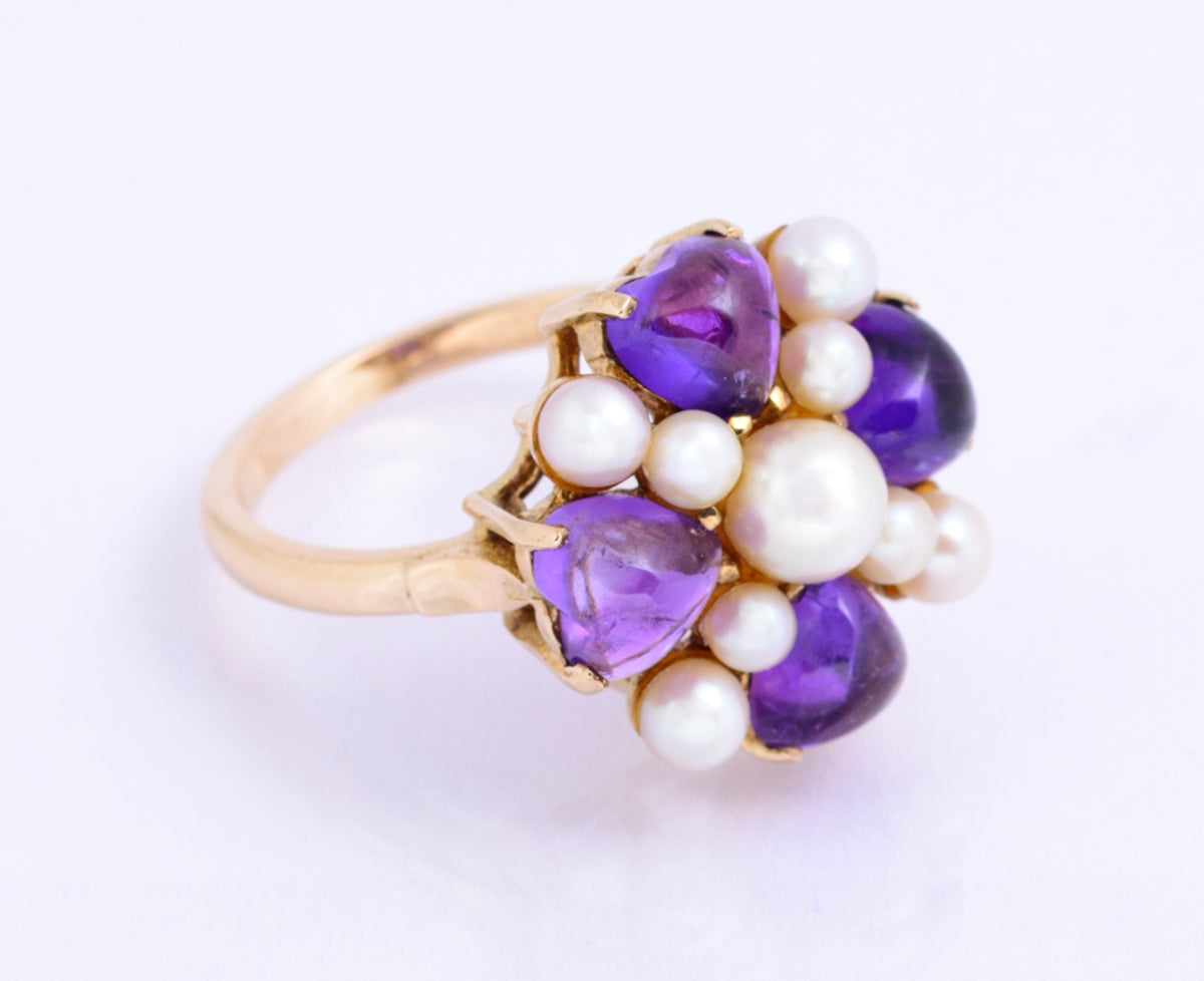 Vintage 9ct Yellow Gold Cultured Pearl & Natural Amethyst Dress Ring Size O (A2131)