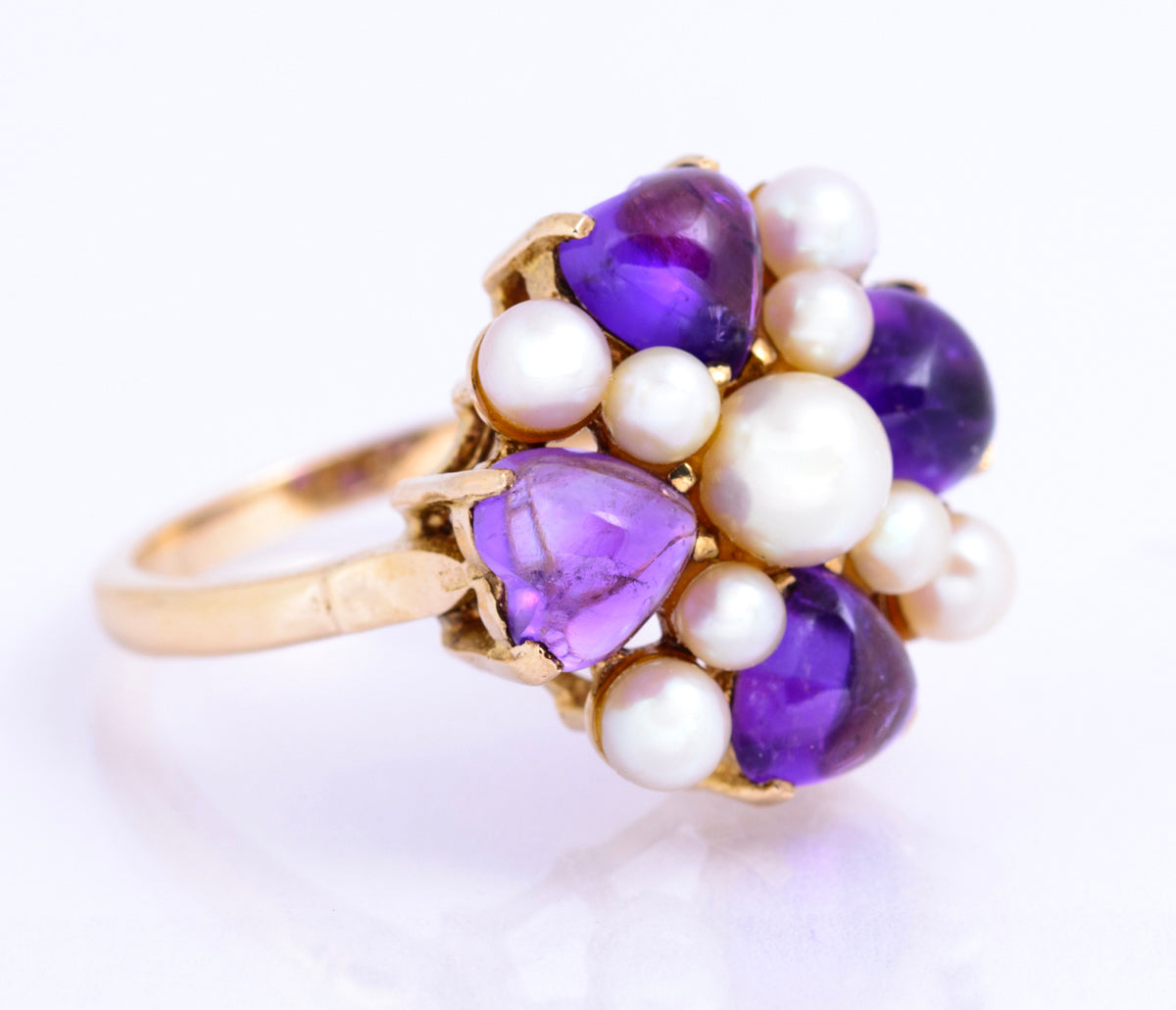 Vintage 9ct Yellow Gold Cultured Pearl & Natural Amethyst Dress Ring Size O (A2131)