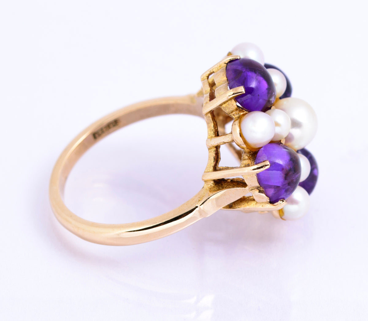 Vintage 9ct Yellow Gold Cultured Pearl & Natural Amethyst Dress Ring Size O (A2131)