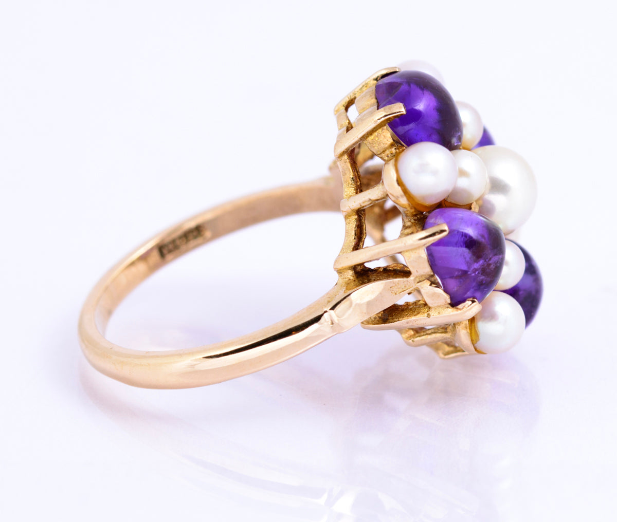 Vintage 9ct Yellow Gold Cultured Pearl & Natural Amethyst Dress Ring Size O (A2131)