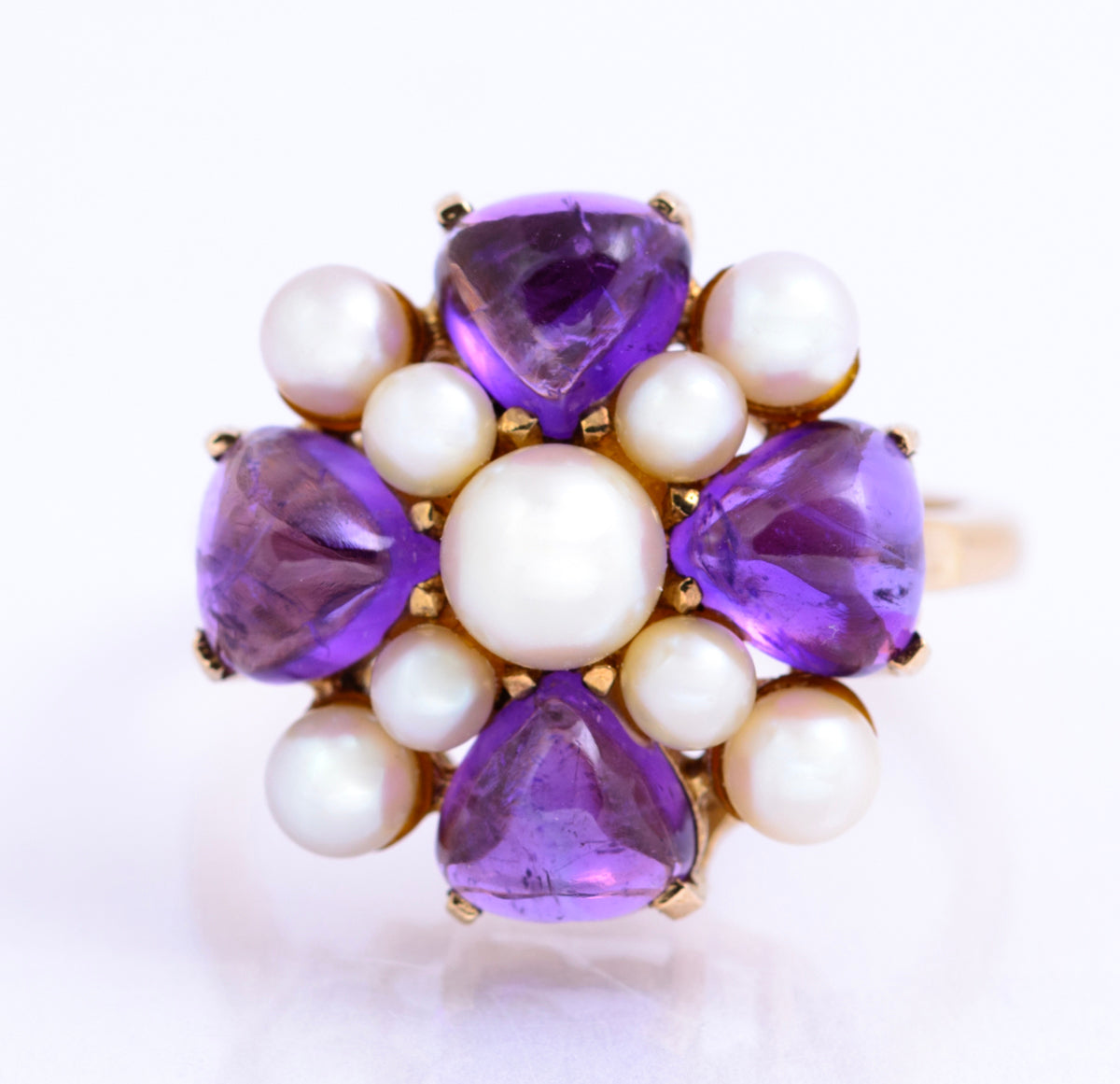 Vintage 9ct Yellow Gold Cultured Pearl & Natural Amethyst Dress Ring Size O (A2131)