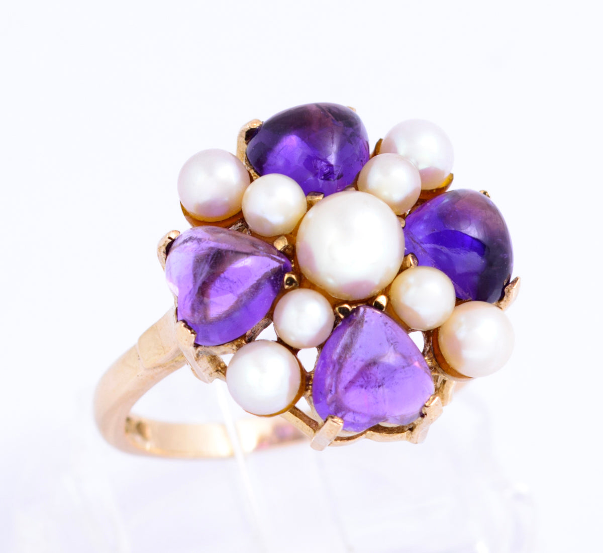 Vintage 9ct Yellow Gold Cultured Pearl & Natural Amethyst Dress Ring Size O (A2131)