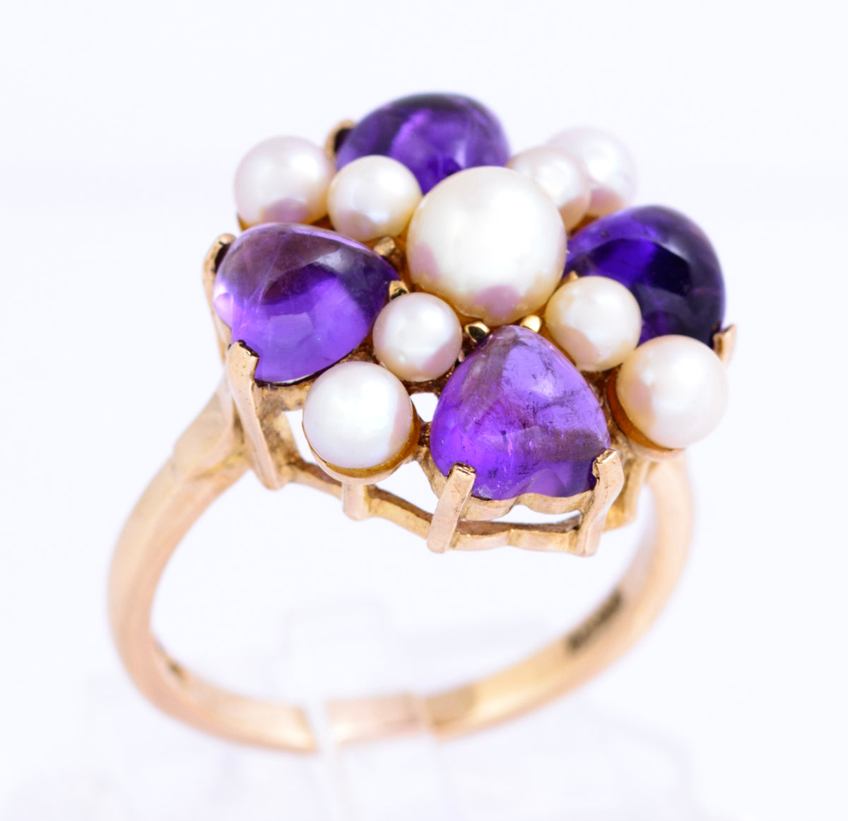 Vintage 9ct Yellow Gold Cultured Pearl & Natural Amethyst Dress Ring Size O (A2131)