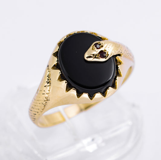 Vintage 9ct Yellow Gold Snake Signet Ring With Black Onyx & Garnet Eyes Size R1/2  (A2133)