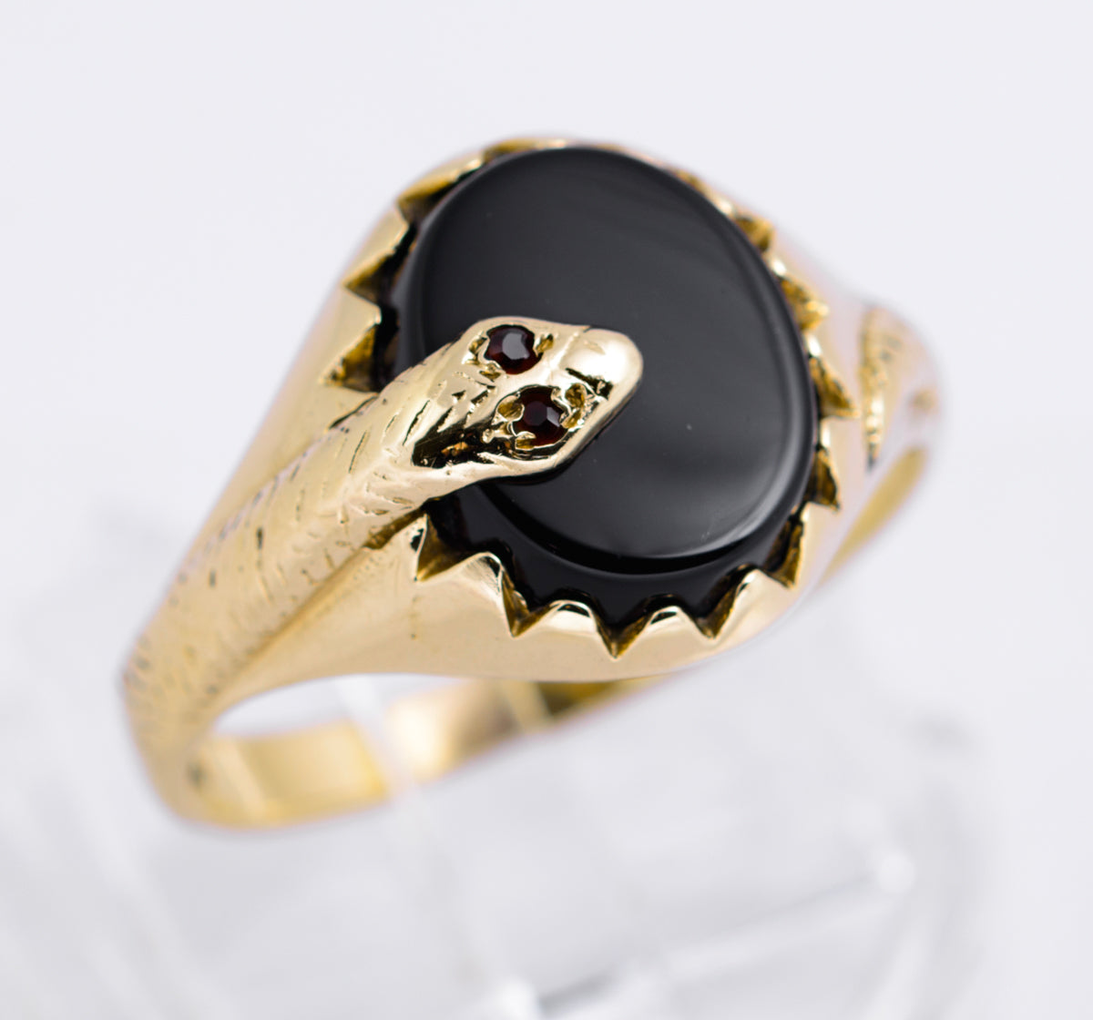 Vintage 9ct Yellow Gold Snake Signet Ring With Black Onyx & Garnet Eyes Size R1/2  (A2133)