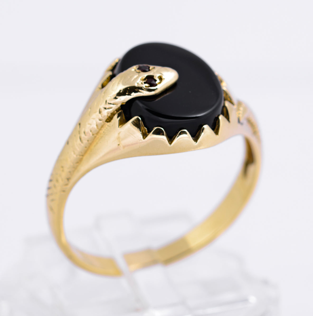 Vintage 9ct Yellow Gold Snake Signet Ring With Black Onyx & Garnet Eyes Size R1/2  (A2133)