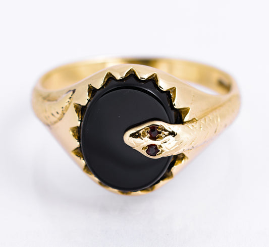 Vintage 9ct Yellow Gold Snake Signet Ring With Black Onyx & Garnet Eyes Size R1/2  (A2133)