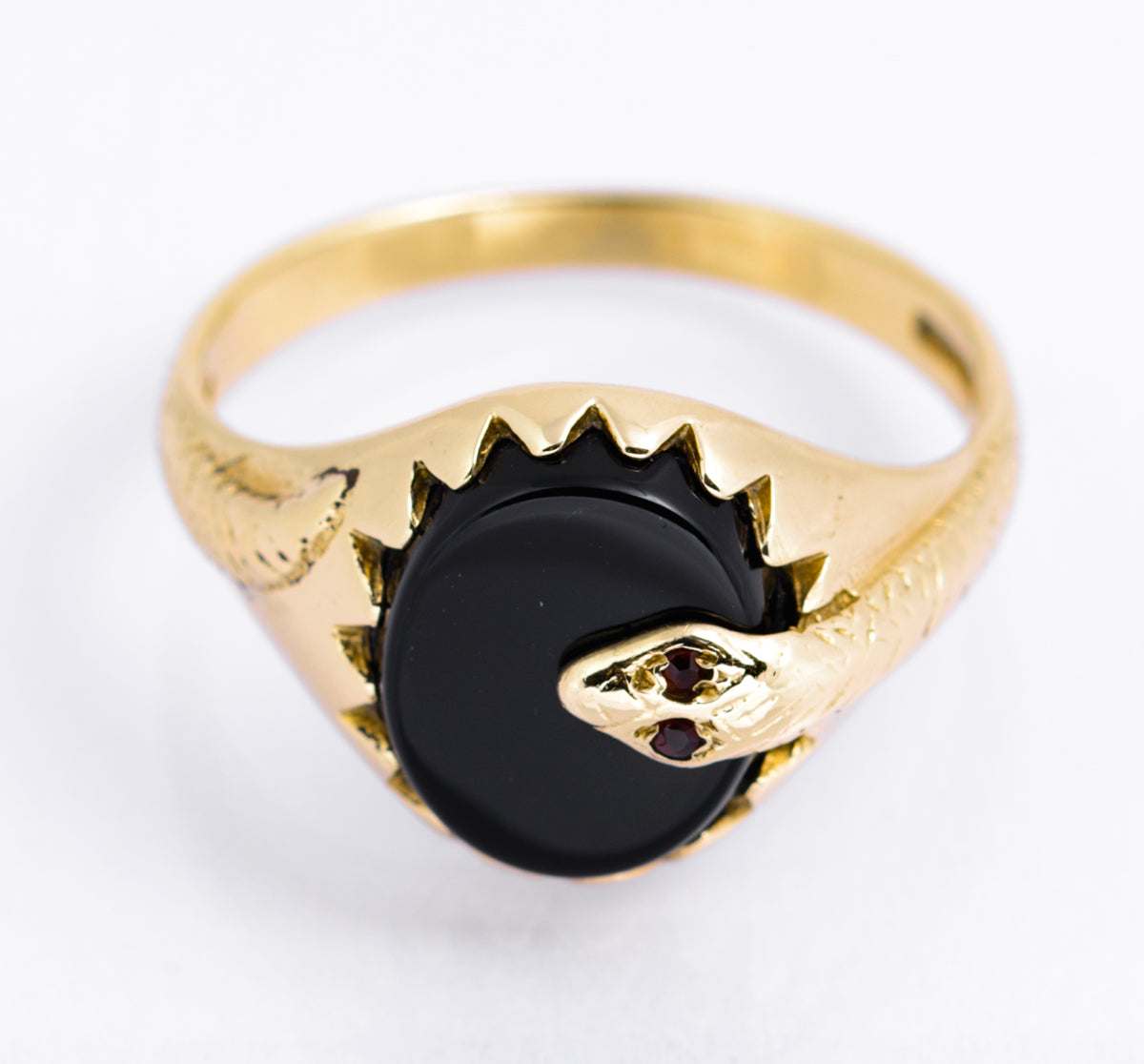 Vintage 9ct Yellow Gold Snake Signet Ring With Black Onyx & Garnet Eyes Size R1/2  (A2133)