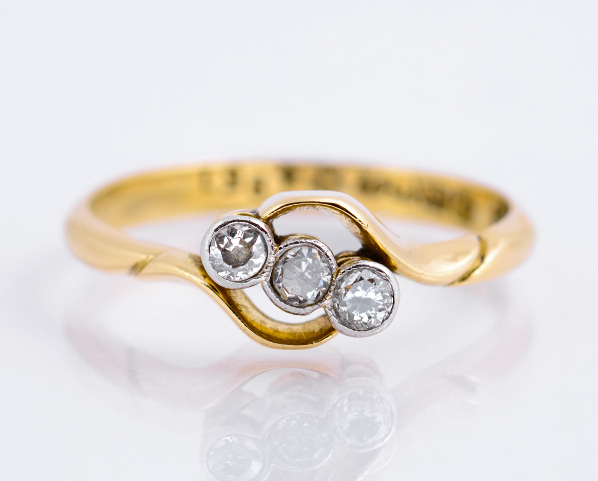 Antique Art Deco 18ct Yellow Gold & Natural Diamond Three Stone Ring Size N1/2 (A2137)