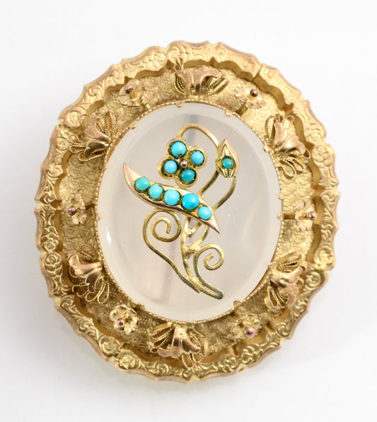 Fine Victorian Antique Love Token/Mourning Brooch Forget Me Not Flower Turquoise c1880 (A2139)