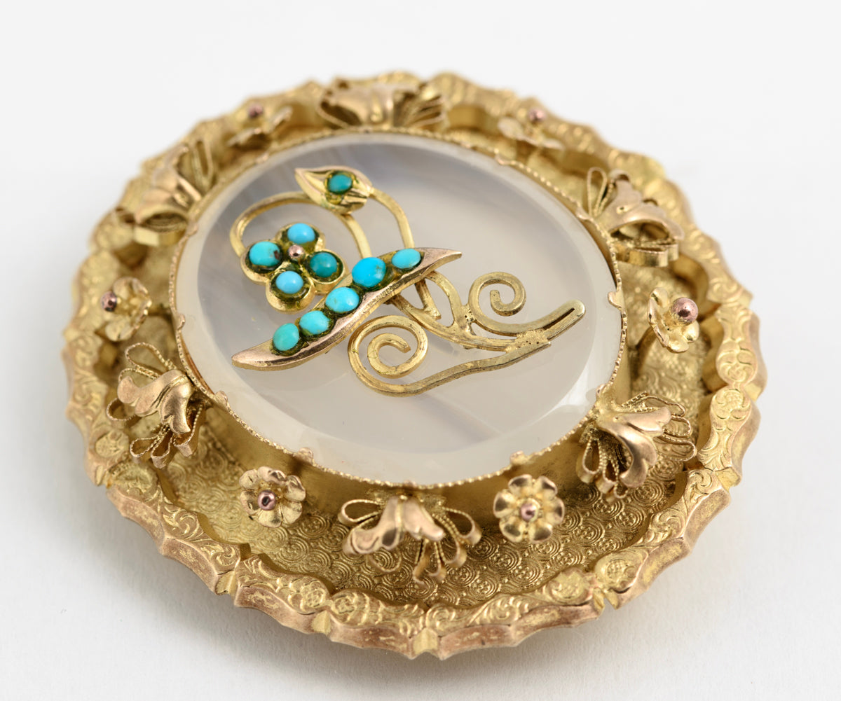 Fine Victorian Antique Love Token/Mourning Brooch Forget Me Not Flower Turquoise c1880 (A2139)