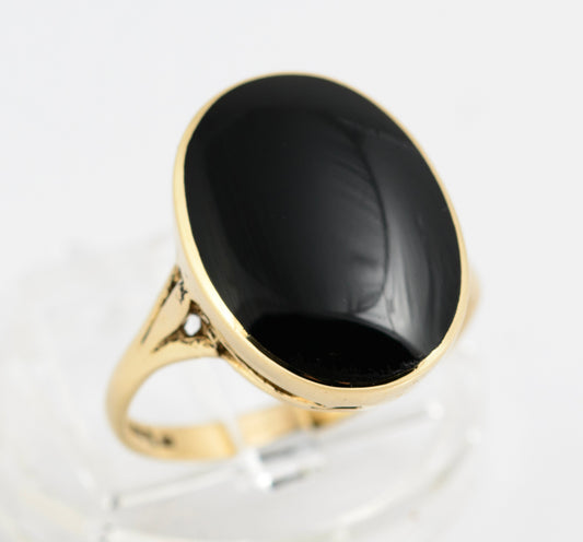 9ct Yellow Gold & Large Polished Black Jet Cabochon Ring Hallmarked 1995  (A2142)