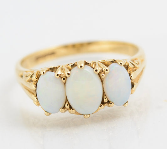 Vintage 9ct Gold & Opal Cabochon Trilogy Ring Victorian Design Hallmarked (A2143)