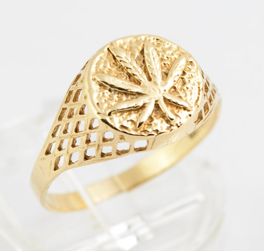 Vintage 9ct Yellow Gold Signet Ring With Spiky Leaf Design Hallmarked 1994 (A2145)