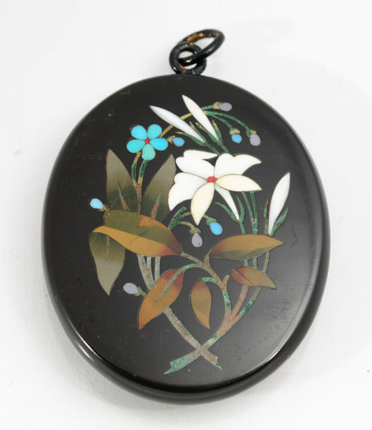 Antique Victorian Large Ashford Marble Pietra Dura Inlaid Pendant c.1880 (A2150)