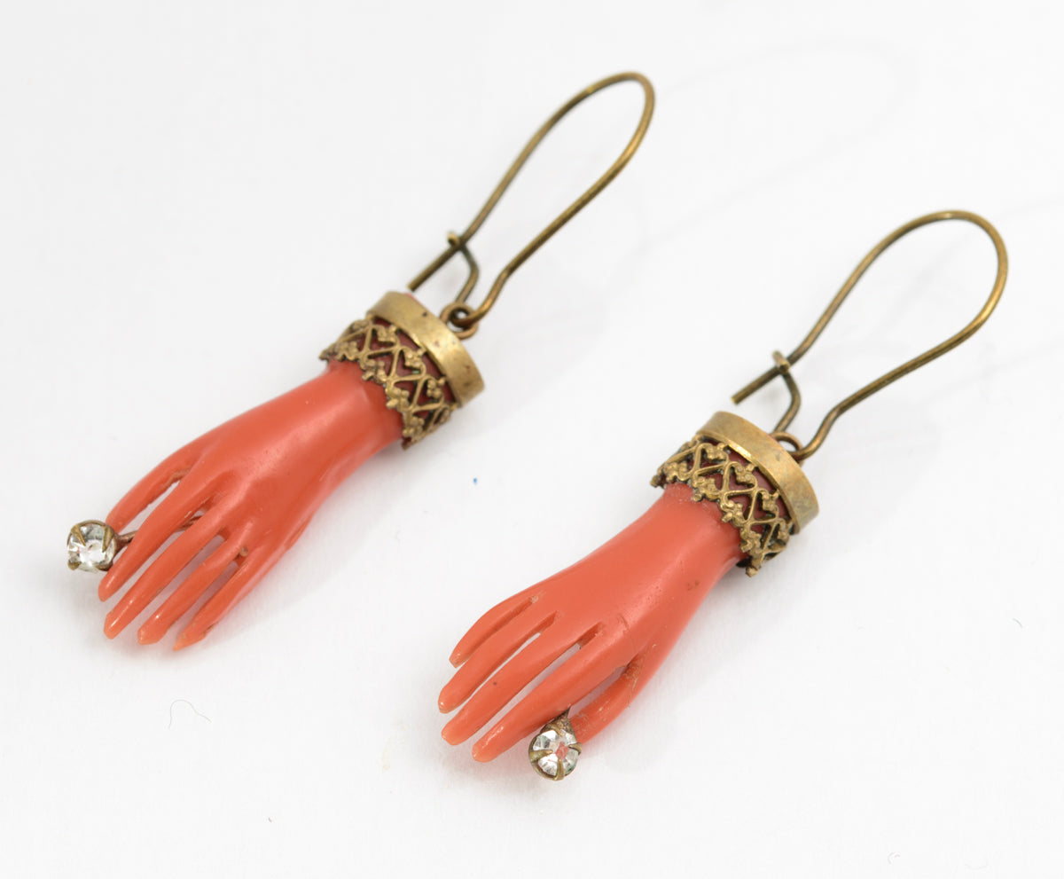 Pair Antique Victorian Celluloid Hand Shape Earrings With Glass Gems (A2151)