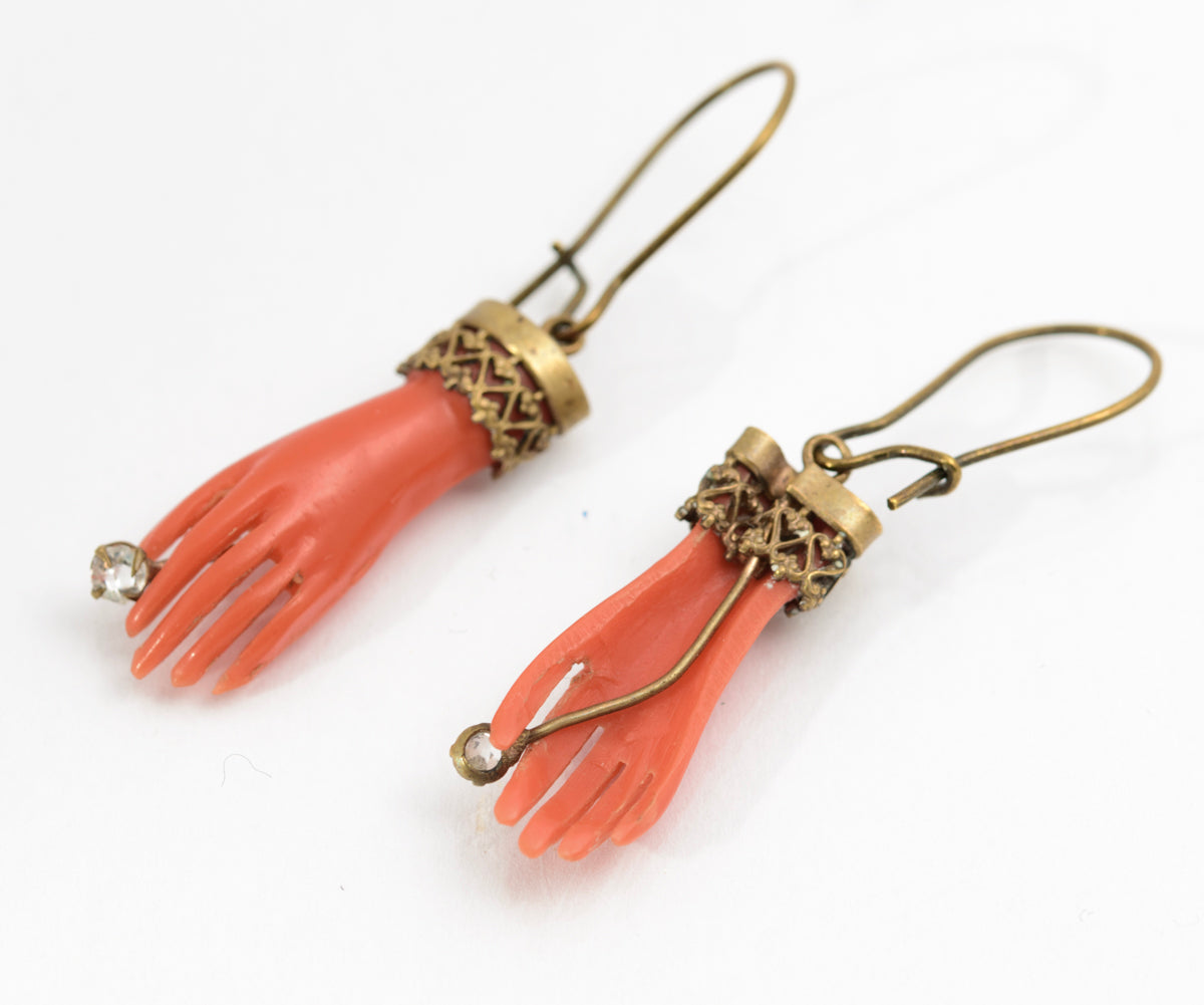 Pair Antique Victorian Celluloid Hand Shape Earrings With Glass Gems (A2151)