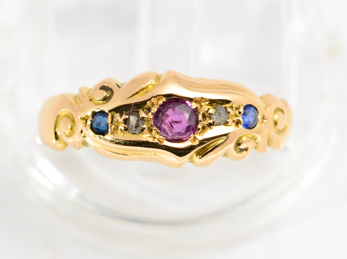 Antique 18ct Gold Natural Ruby Diamond & Sapphire Ring Chester Hallmark (A2155)