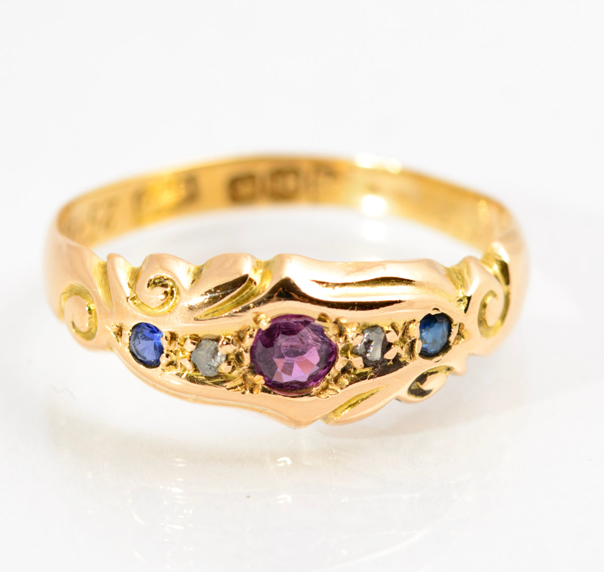 Antique 18ct Gold Natural Ruby Diamond & Sapphire Ring Chester Hallmark (A2155)