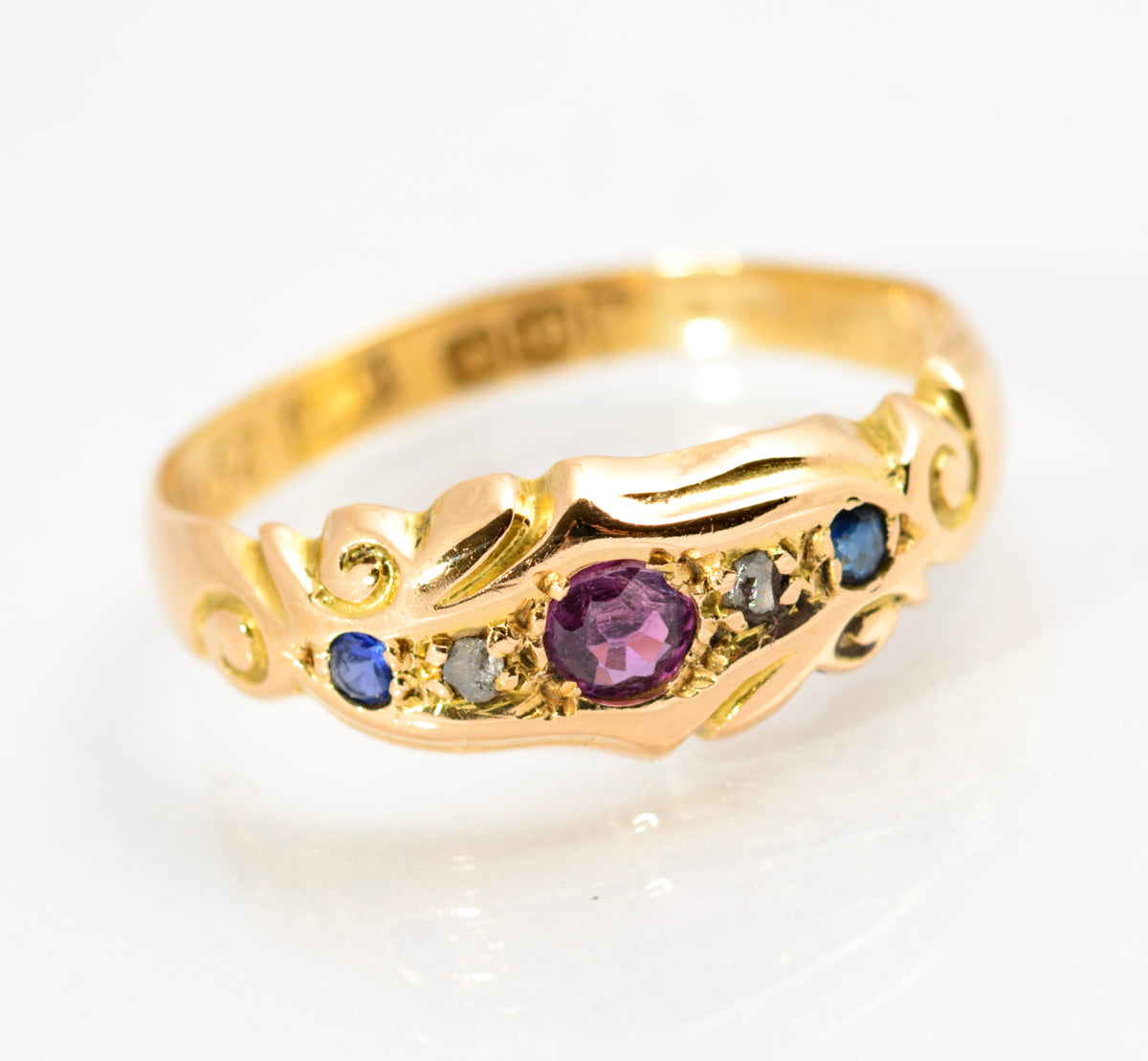 Antique 18ct Gold Natural Ruby Diamond & Sapphire Ring Chester Hallmark (A2155)