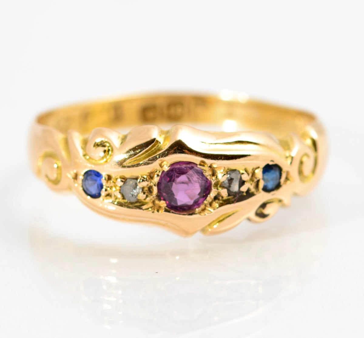 Antique 18ct Gold Natural Ruby Diamond & Sapphire Ring Chester Hallmark (A2155)