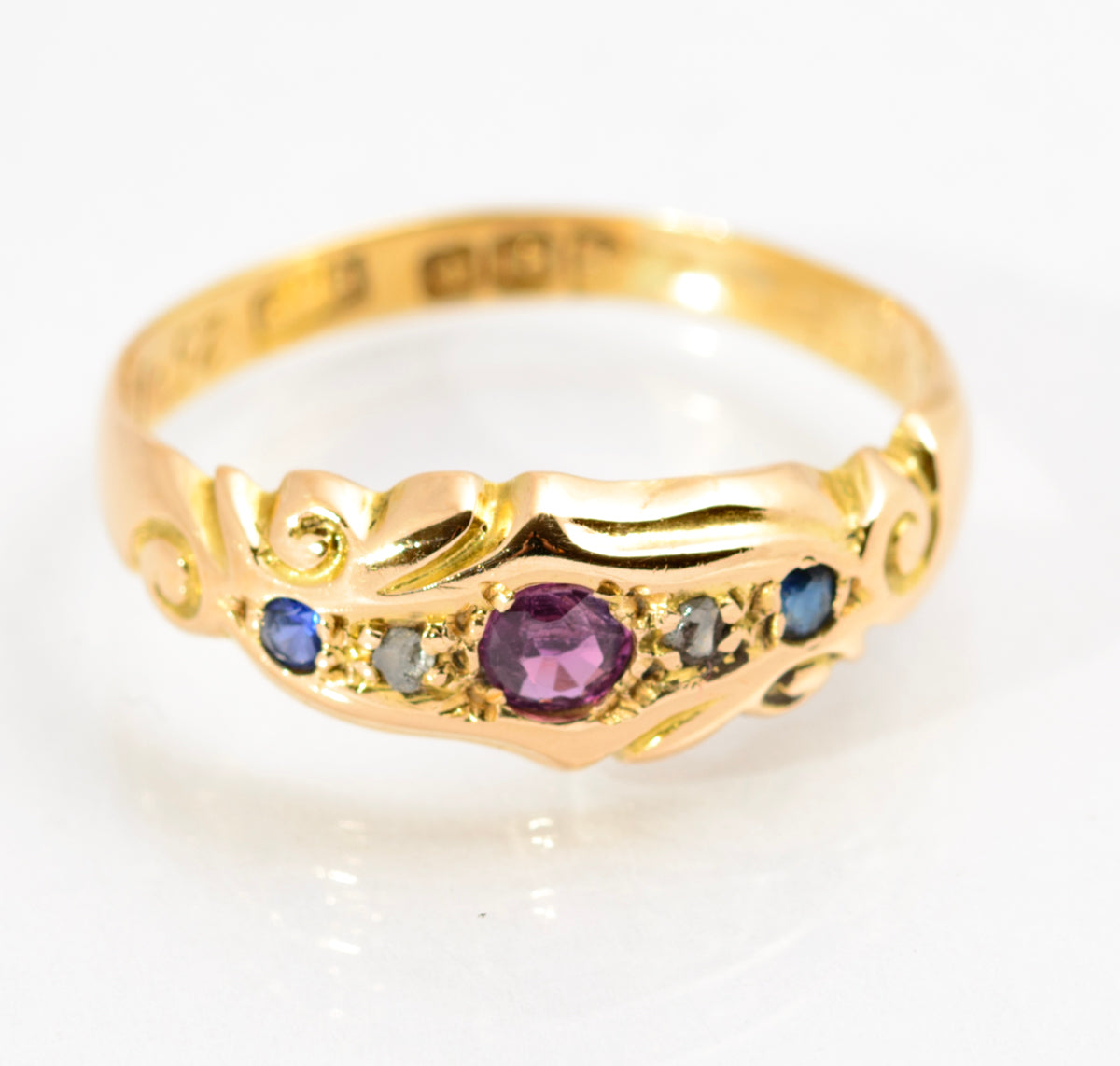 Antique 18ct Gold Natural Ruby Diamond & Sapphire Ring Chester Hallmark (A2155)