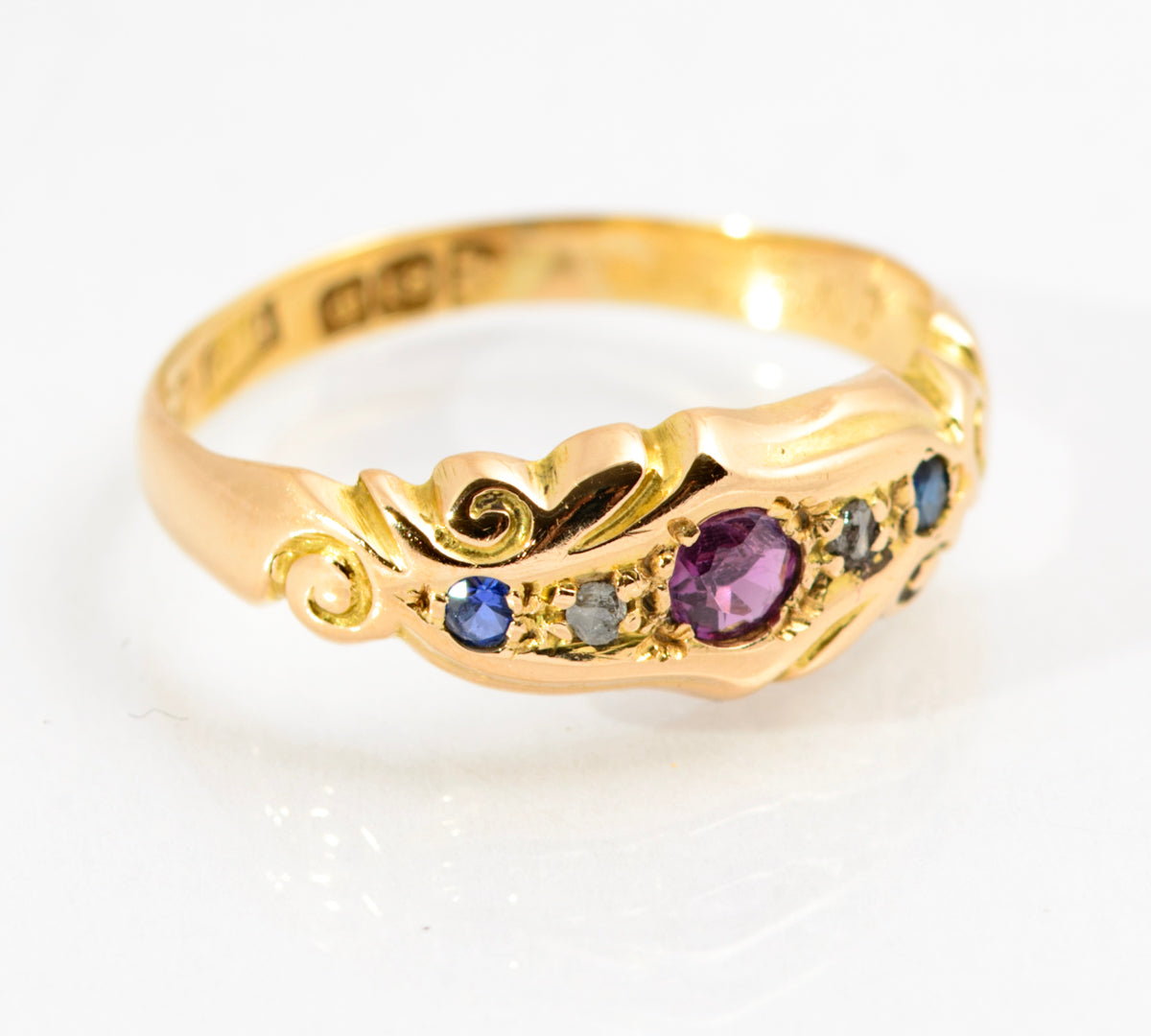 Antique 18ct Gold Natural Ruby Diamond & Sapphire Ring Chester Hallmark (A2155)