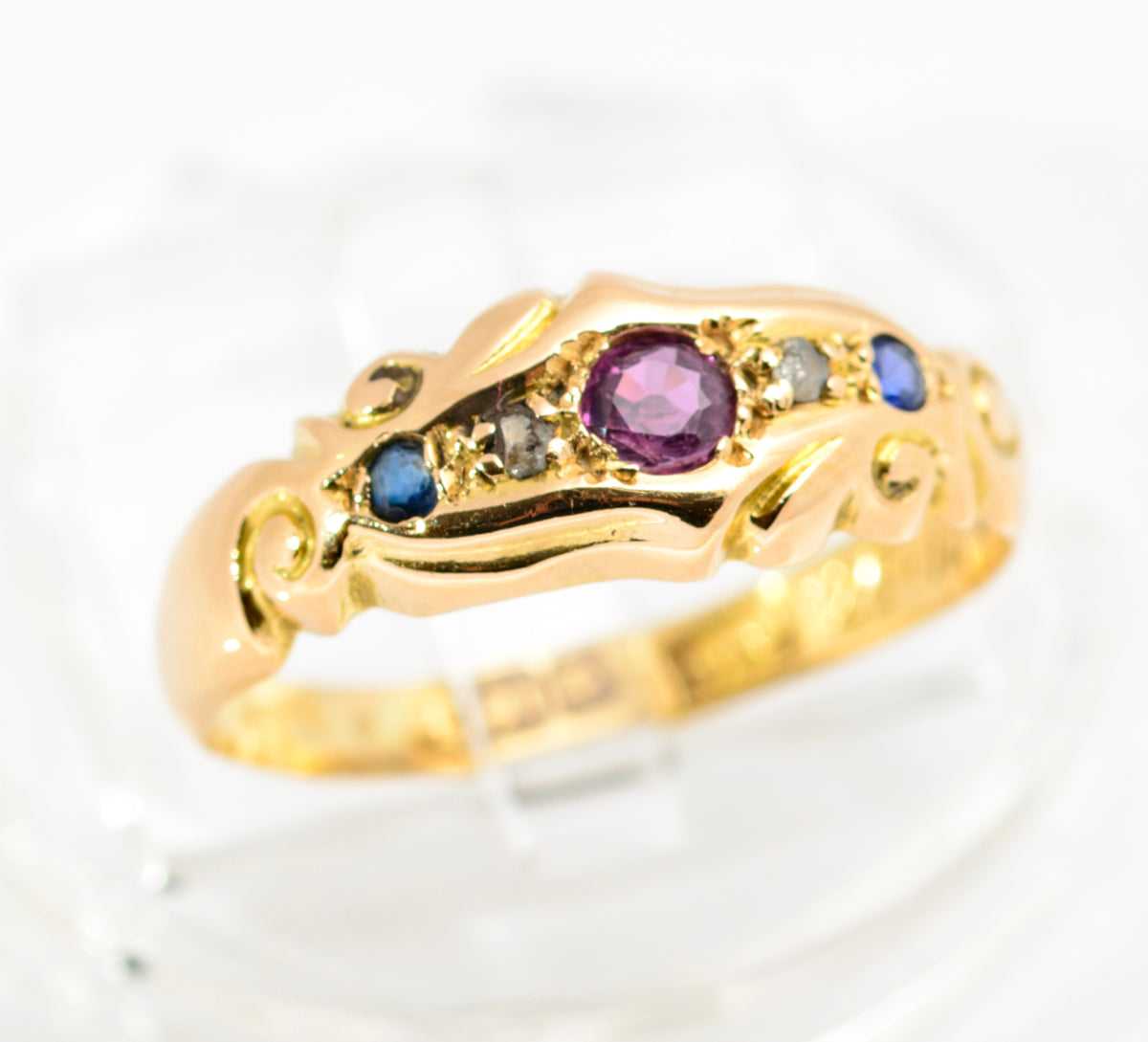 Antique 18ct Gold Natural Ruby Diamond & Sapphire Ring Chester Hallmark (A2155)