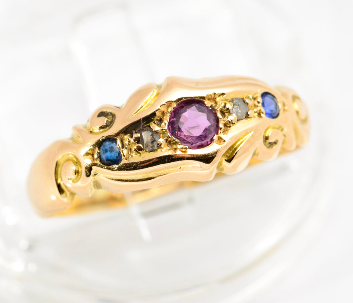 Antique 18ct Gold Natural Ruby Diamond & Sapphire Ring Chester Hallmark (A2155)