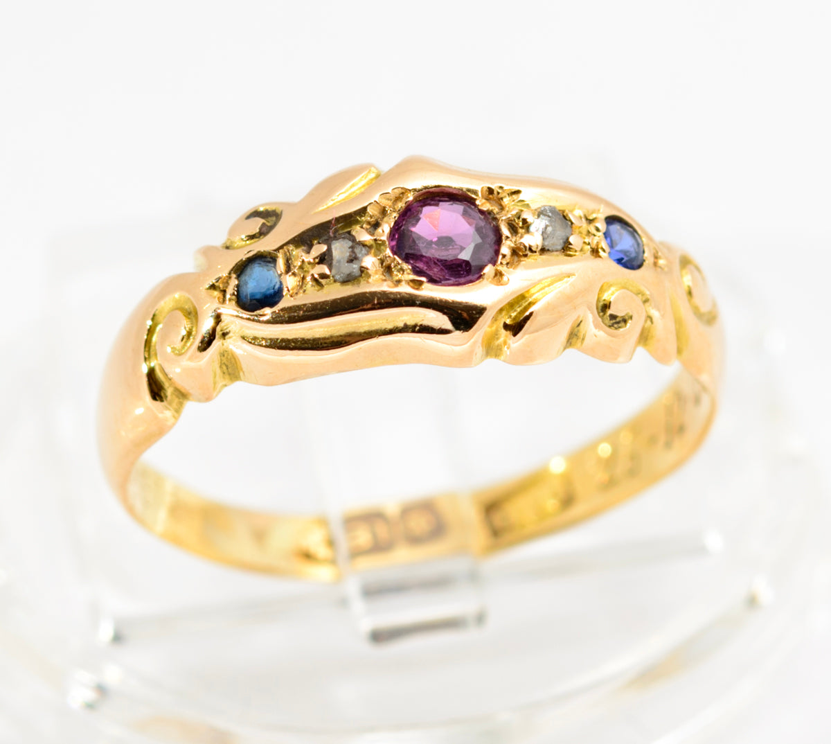 Antique 18ct Gold Natural Ruby Diamond & Sapphire Ring Chester Hallmark (A2155)