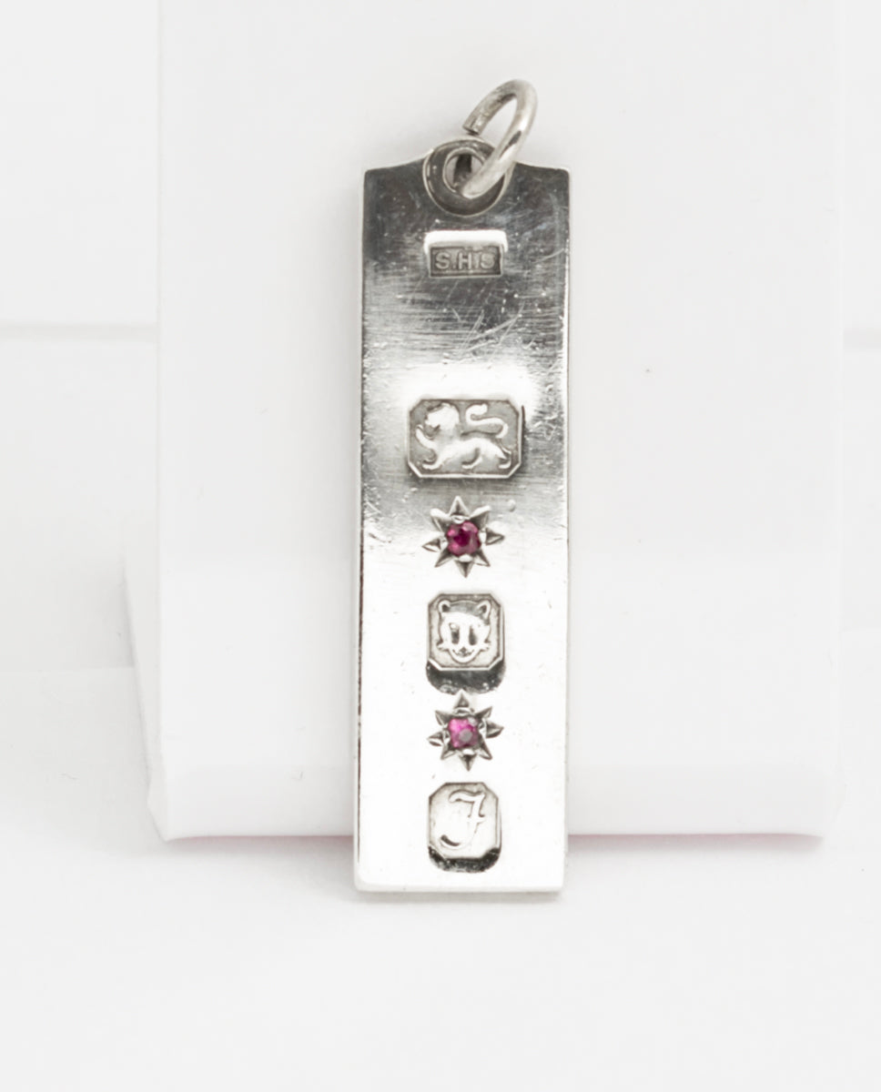 Vintage Sterling Silver Ingot Pendant With Feature Hallmarks & 2 Ruby Gemstones (A2157)