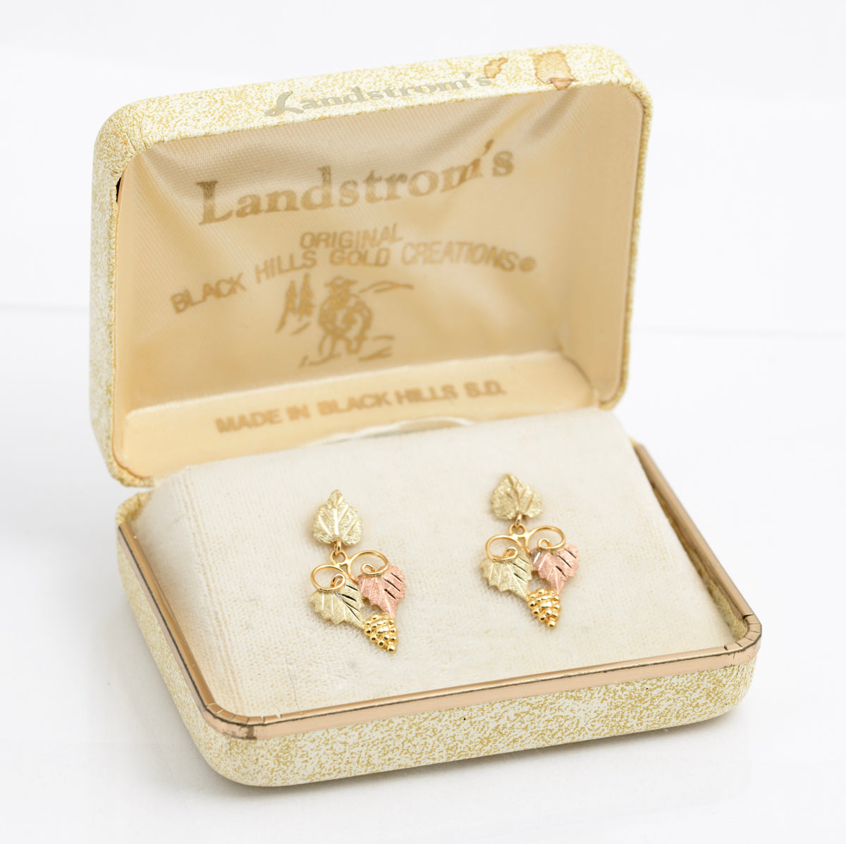 Pair Vintage Landstroms Black Hills 10K Gold Tri Colour Earrings Original Box(A2166)