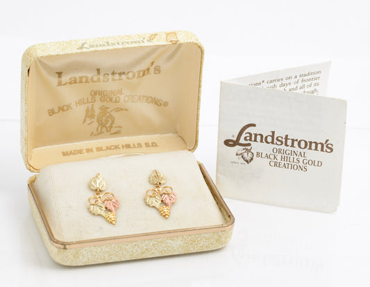 Pair Vintage Landstroms Black Hills 10K Gold Tri Colour Earrings Original Box(A2166)