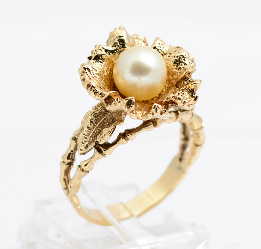 Vintage 9ct Yellow Gold Ring Brutalist Design With Cultured Pearl 8.1 Grams(A2167)